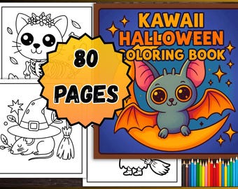Puede incluir: Un "Kawaii Halloween Coloring Book" con 80 páginas, con un lindo murciélago en una luna creciente, un esqueleto de gato y un sombrero de bruja. La portada es azul con detalles en naranja y amarillo, y las páginas son en blanco y negro.
