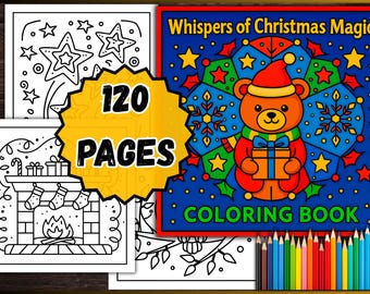 May include: A Christmas-themed coloring book with a cover featuring a bear holding a gift, surrounded by stars and snowflakes. The book is titled "Whispers of Christmas Magic" and has 120 pages. Colored pencils are arranged at the bottom.