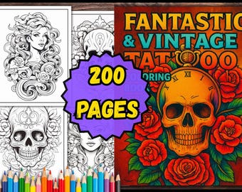 Vintage Tattoo Malbuch für Erwachsene – 200 Motive (PDF Seiten)