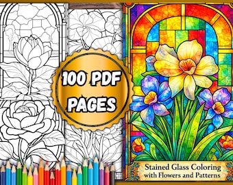Libro para colorear de vidrieras, 100 páginas en PDF, para adultos y niños, descarga instantánea, PDF imprimible, páginas para colorear digitales.