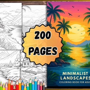 May include: A coloring book titled "Minimalist Landscapes Coloring Book for Adults" with a cover featuring a sunset scene with palm trees. The book includes 200 pages of black and white landscape illustrations and a set of colored pencils.