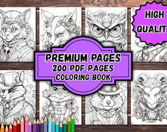 Steampunk Beastarium Coloring Book — Big Pack 200 PDF Pages