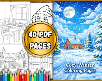 Può includere: Una raccolta di pagine da colorare a tema invernale. La copertina presenta un paesaggio innevato con una baita, una luna piena e il testo "Cozy Winter Coloring Pages". L'immagine include anche disegni al tratto di una sala da pranzo e di una baita.