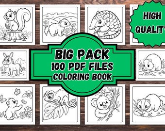 May include: A collection of coloring book pages featuring various animals, including a squirrel, badger, and koala. The image includes the text "BIG PACK 100 PDF FILES COLORING BOOK" in a green banner, and a green "HIGH QUALITY" badge.