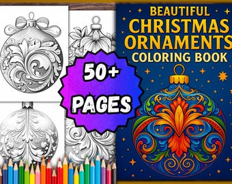 Puede incluir: Un libro para colorear de Navidad titulado "Beautiful Christmas Ornaments Coloring Book" con una portada azul que presenta un diseño de adorno colorido. La imagen incluye diseños de adornos en blanco y negro y un gráfico de "50+ PAGES", junto con un juego de lápices de colores.