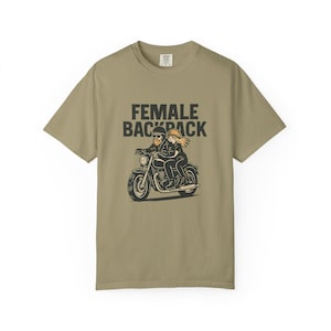 Female Backpack Graphic T-shirt | Casual Unisex Tee for Motorcycle Enthusiasts, Perfect for Rides, Gifts, and Everyday Wear