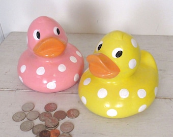 Chalkware Piggy Bank - 70s Polka Dot Rubber Ducky Coin Banks - Retro Vintage Piggy Banks - Pink and Yellow