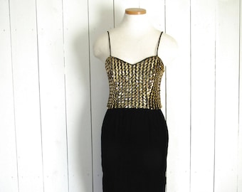 Velvet Sequin Dress - Vintage Glam Rock Cocktail Dress - 1980s New Leaf Dress by Samir - Gold Black - Small S