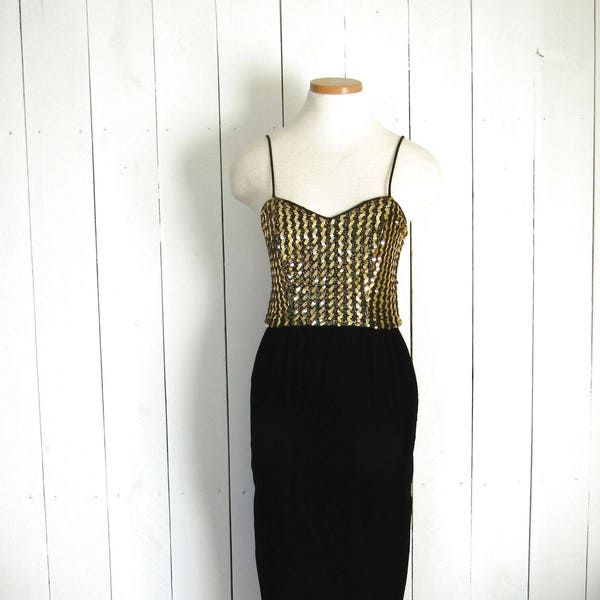 Velvet Sequin Dress - Vintage Glam Rock Cocktail Dress - 1980s New Leaf Dress by Samir - Gold Black - Small S