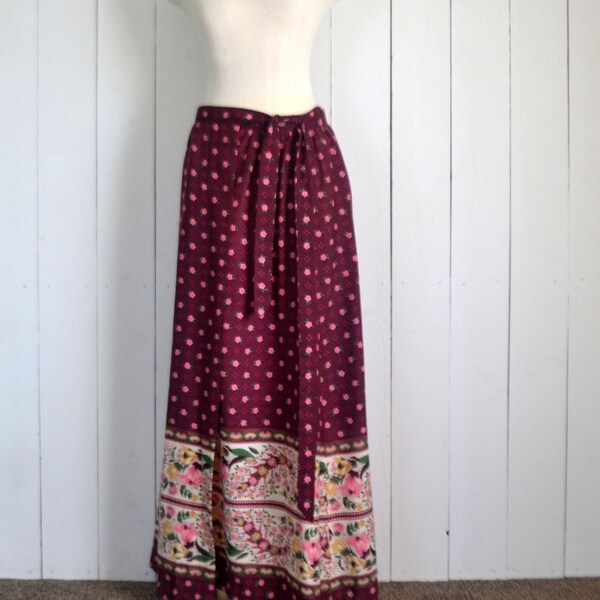 70er Jahre Maxi-Rock floralen Print Jahrgang Wrap Rock Pflaume lila Hippie Boho Boden Länge Rock Einheitsgröße S M L