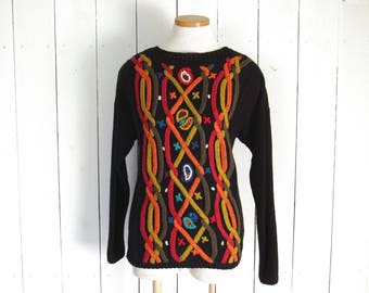 Cable Knit Sweater - Kitty Hawk - Vintage 1980s Funky Pullover - Vivian Wang - Black Multicolored - Small S