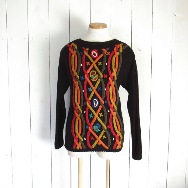 Cable Knit Sweater - Kitty Hawk - Vintage 1980s Funky Pullover - Vivian Wang - Black Multicolored - Small S