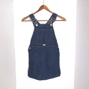 80s Little Girls Overall Dress - Vintage Little Girls Jean Dress - Dark Wash Denim - Peaches and Cream - Size 7
