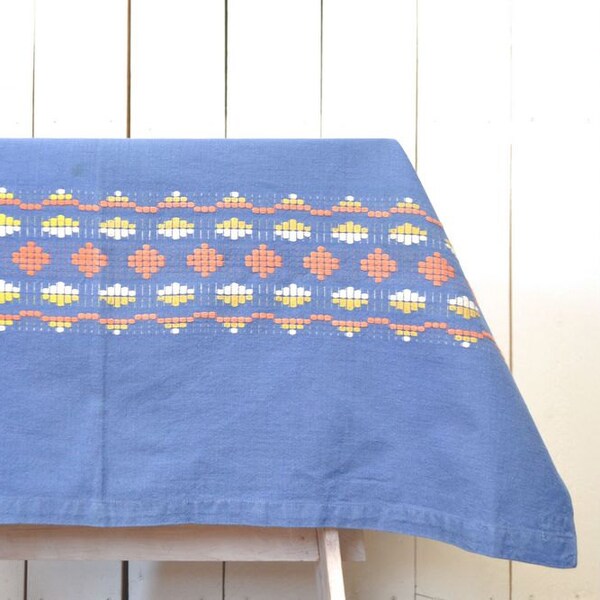 Woven Southwest Tablecloth - Vintage Indian Fabric Piece - Small - Blue Orange White - 1970s
