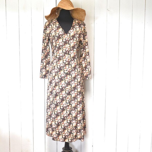 90s Floral Maxi Dress Faux Pearl Button Up Vintage Dress Black Pink Long Sleeves Medium M / Large L