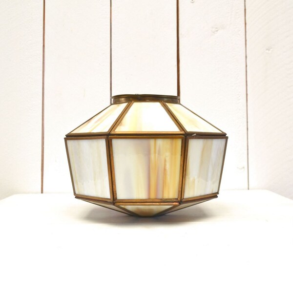 Slag Glass Light Fixture 1960s Cream White Copper Mid Century Vintage Kitchen Light