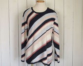 Vintage Slouchy Sweater - 1980s Beach Boho Style Striped Sweater - Cotton Pullover - Navy and Baby Blue White Pink - Medium M / Large L