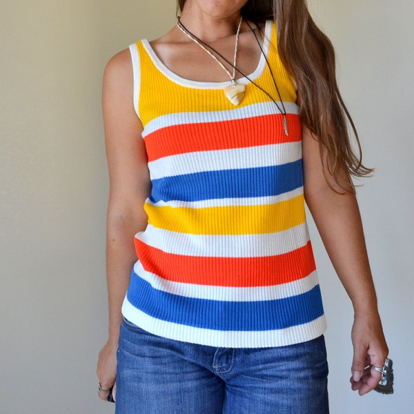 Striped Tank Top 70s Vintage Hippie Bright Knit Striped Summer Tank