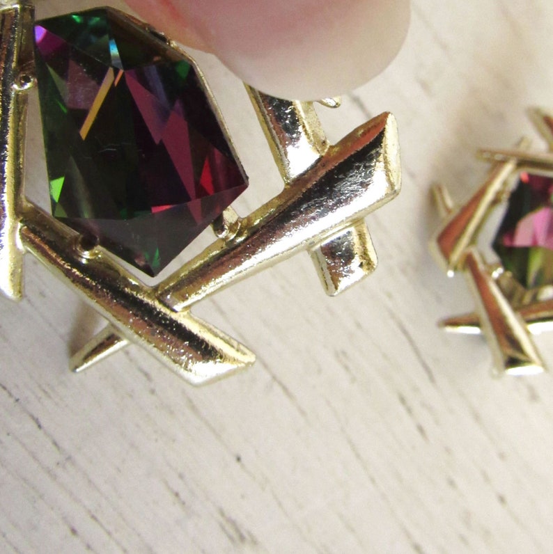 Red Green Sarah Coventry 1970s Gold Tone Vintage Costume Jewelry Watermelon Rhinestone Necklace and Earrings Set
