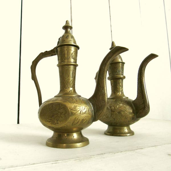 Brass Genie Bottle - 1970s Etched Bottle - Vintage Decor - Taper Candle Holder - Only 1 Bottle Left