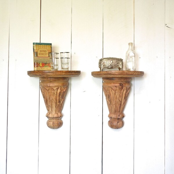 Wooden Wall Sconces Vintage Ornate Carved Shelves or Book Ends Set of Two