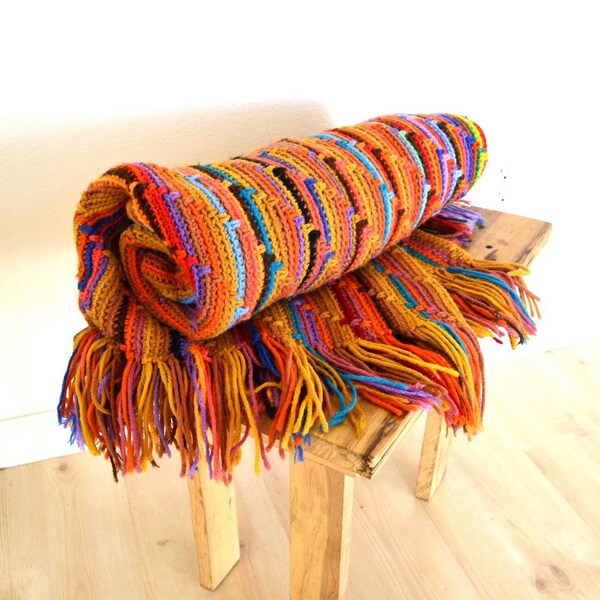 Retro 70s Burnt Orange Multi Color Stripe Crochet Throw Blanket