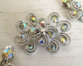 Aurora Borealis Brooch and Earrings Set - Vintage Celestial Rhinestone Brooch Earrings - 1960s Ornate Swirl Silver Tone Mid Century Jewelry