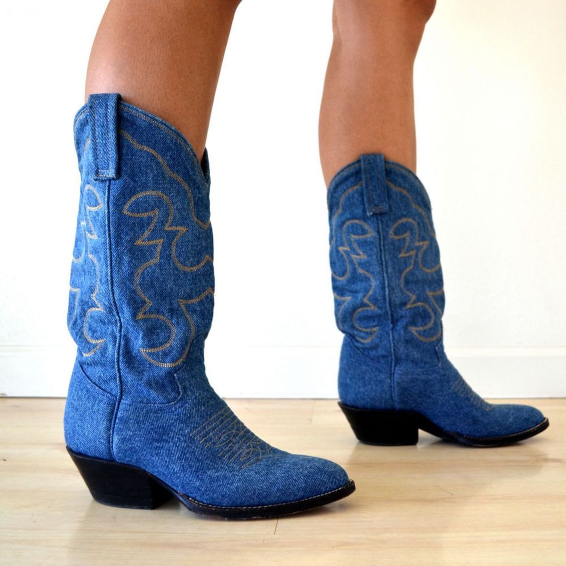 Vintage Blue Denim Mid Calf Cowboy Boots Womens Size 7 Etsy