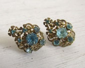 Art Deco Blue Rhinestone Earrings - 1920s Earrings - Czechoslov Filigree - Vintage Gold Tone Brass - Something Blue