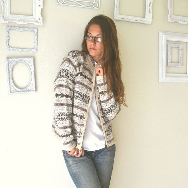 Fair Isle Knit Sweater Zip Up Cropped Cardigan Beige White Vintage Early 1990s Small