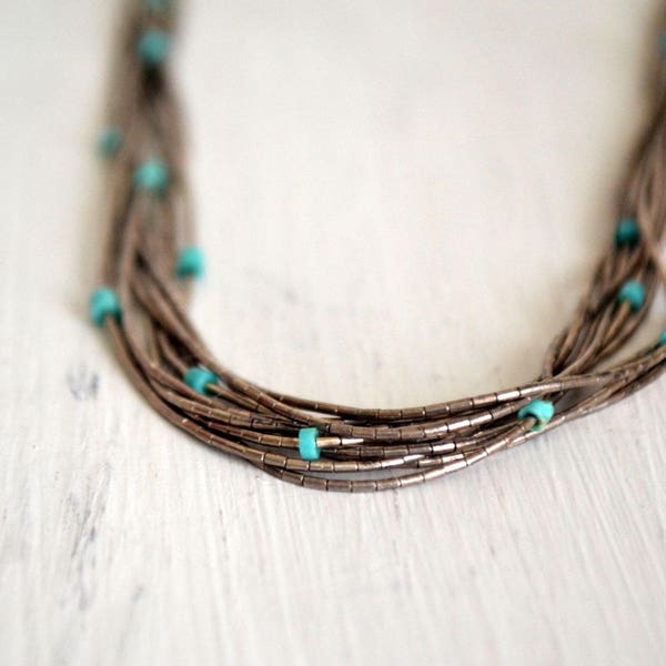 Multi-Strang Kette 70er Jahre Sterling Silber Perle Halskette Vintage Türkis Hippie Boho Schmuck