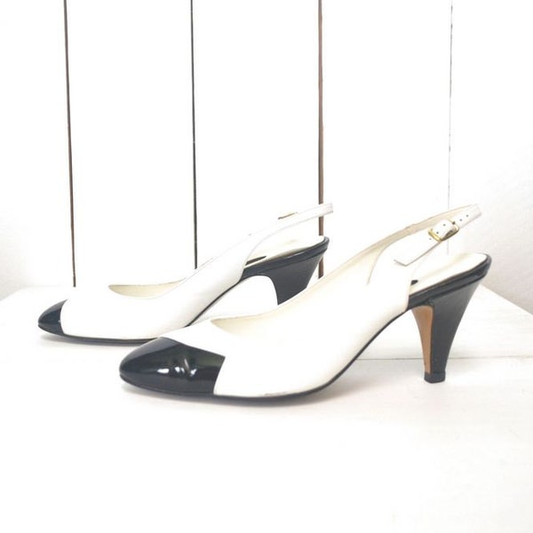 Patent Leather Heels - 1980s Sling Back Pumps - Two Tone Black White Vintage High Heels - Size 7 Wide