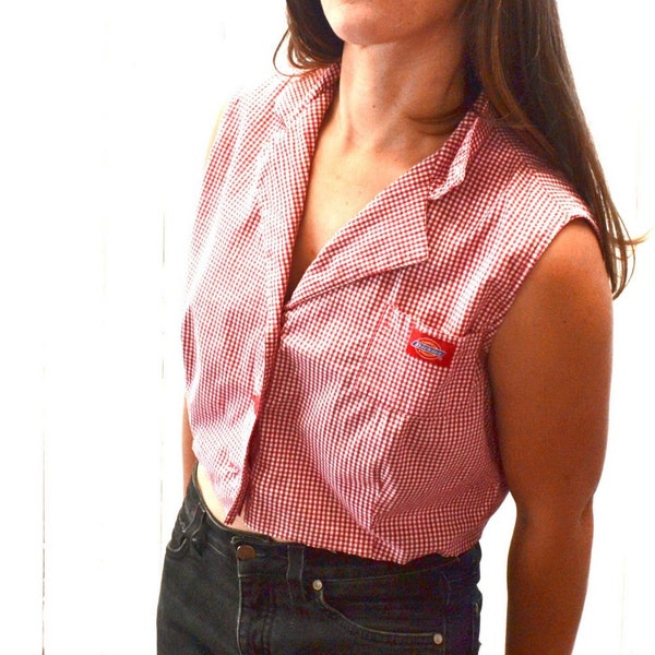 Vichykaro oben Anfang der 90er Jahre tut 50er Jahre Vintage Checker Druck Schaltfläche Zuschneiden bis Dickies Land Mädchen oben Mittel M / große L