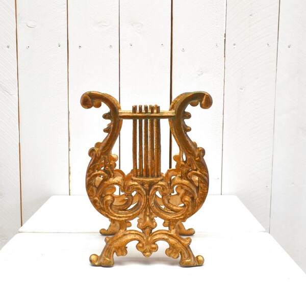 Vintage Record Holder 1960s Iron Harp Gold Painted Metal Taple Top Ornate Vintage Magazine Rack