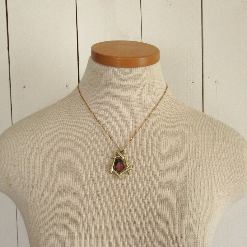 Red Green Sarah Coventry 1970s Gold Tone Vintage Costume Jewelry Watermelon Rhinestone Necklace and Earrings Set