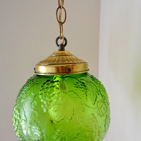 Vintage Grape Vine Green Glass Globe Hanging Lamp circa 1970 with Gold Hardware