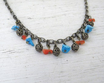 Gemstone Chip Necklace - 90s does 70s Hippie Boho Charm Necklace - Blue Orange Tumbled Stone Necklace - 2 Available