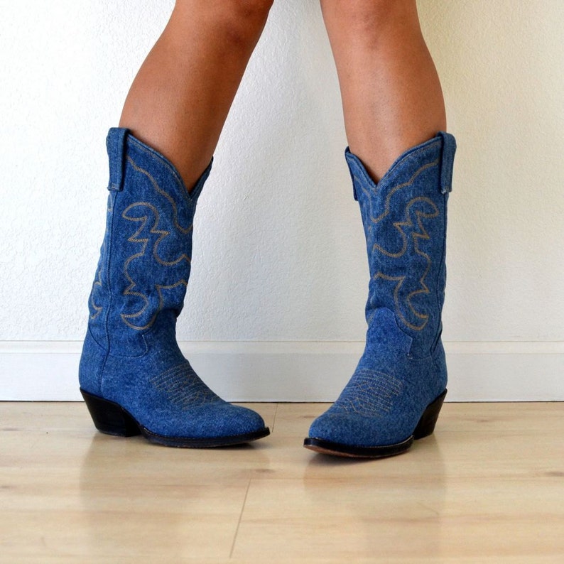 Vintage Blue Denim Mid Calf Cowboy Boots Womens Size 7 | Etsy