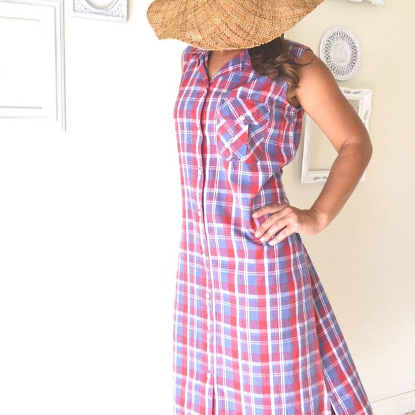 Plaid Sun Dress Button Up Sleeveless Prairie Country Red White Blue Vintage 80s Medium Large