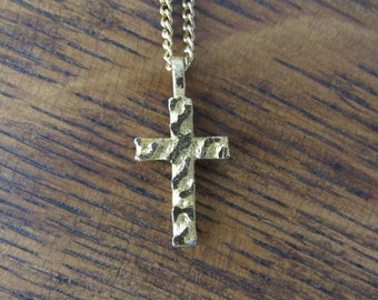 Vintage 80s Gold Cross with Chain Rustic Unisex Christian Cross Necklace