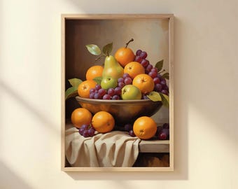 Still Life Fruit Bowl Wall Art Print, Realistic Pear Orange Grape Painting, Kitchen Dining Room Decor, Rustic Classic Style Canvas Artwork
