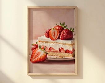 Strawberry Shortcake Wall Art Print, Realistic Dessert Painting, Strawberry Cake Kitchen Decor, Sweet Food Illustration Poster