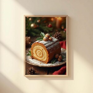 May include: A framed image of a Yule log cake, dusted with icing sugar and decorated with holly and nuts. The cake sits on a decorative plate, with a blurred Christmas tree and pine cones in the background.