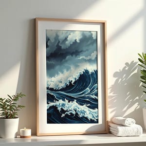 Stampa artistica da parete con onde oceaniche in tempesta, download digitale di un paesaggio marino spettacolare, decorazioni costiere nautiche, stampa oceano in stile dipinto di mare scuro