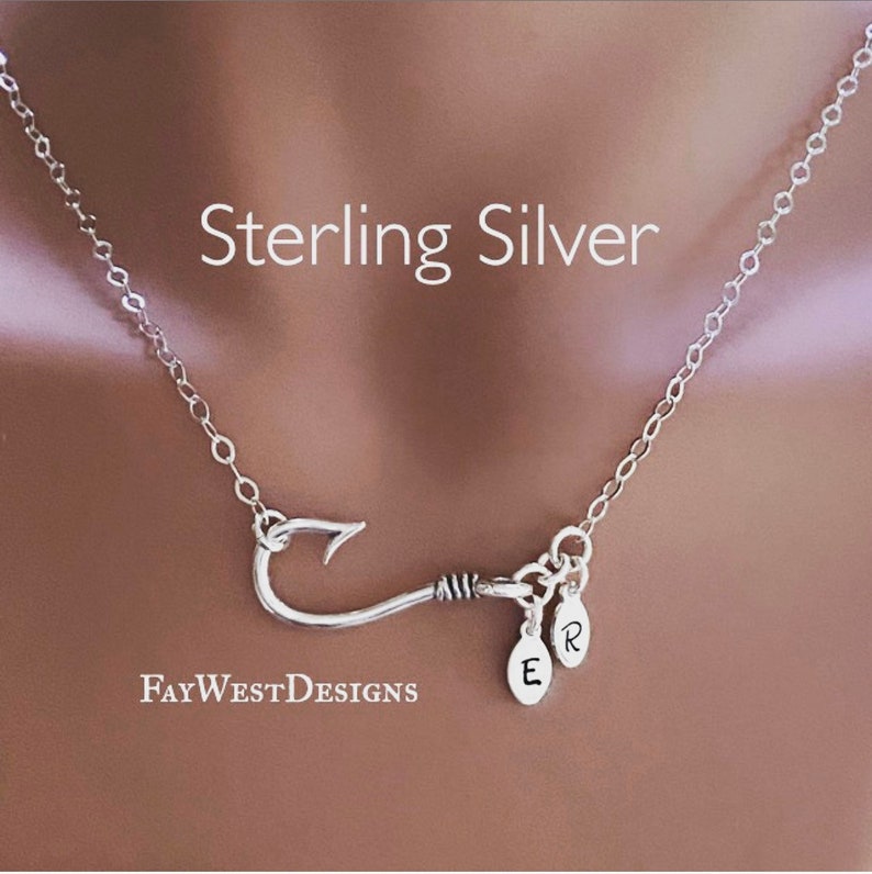 Fishhook Sterling Silver Pendant With Two or Three Monogrammed Charms Necklace Personalized Fish Hook image 2