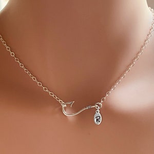 Small Fishhook Sterling Silver Pendant With Monogrammed Charm Necklace | Personalized Fish Hook