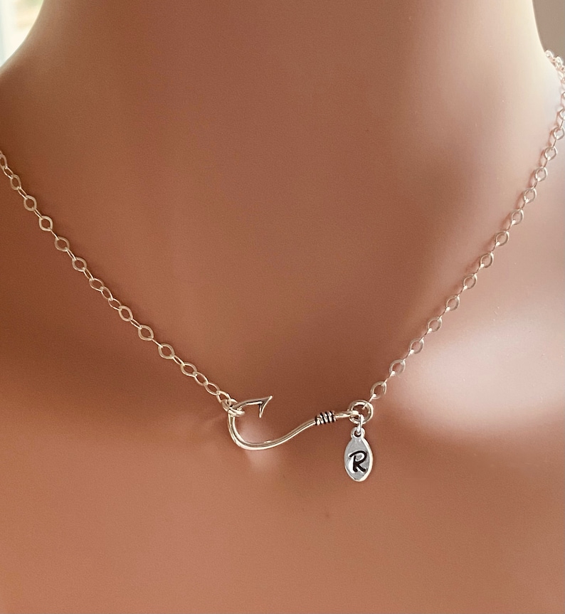 Small Fishhook Sterling Silver Pendant With Monogrammed Charm Necklace Personalized Fish Hook image 1