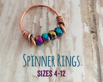 Fidget Spinner Ring  Recycled Copper and Faceted Rainbow Hematite sizes 4 to 12 Stackable