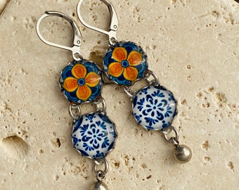 Two Tier Mini Mexican Tile Replica Earrings Orange Cobalt Blue Pottery Jewelry