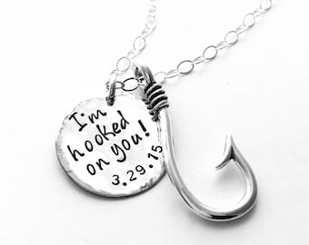 Your Words Here I am hooked on you Sterling Silver Fishhook Necklace Fish Hook Pendant